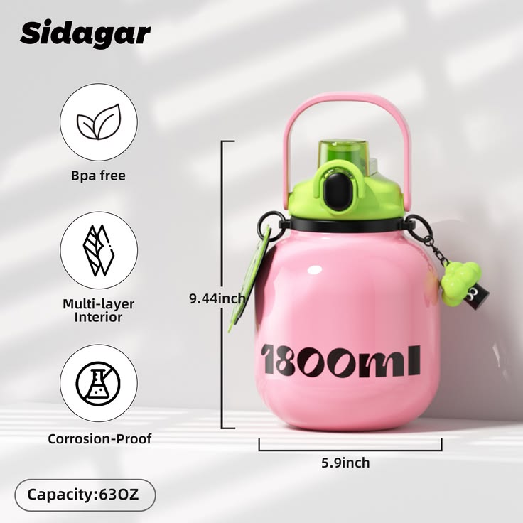 1800ml Cute Big Belly Stainless Steel Water Bottle with Straw – 316 Thermal Flask with Handle & Strap