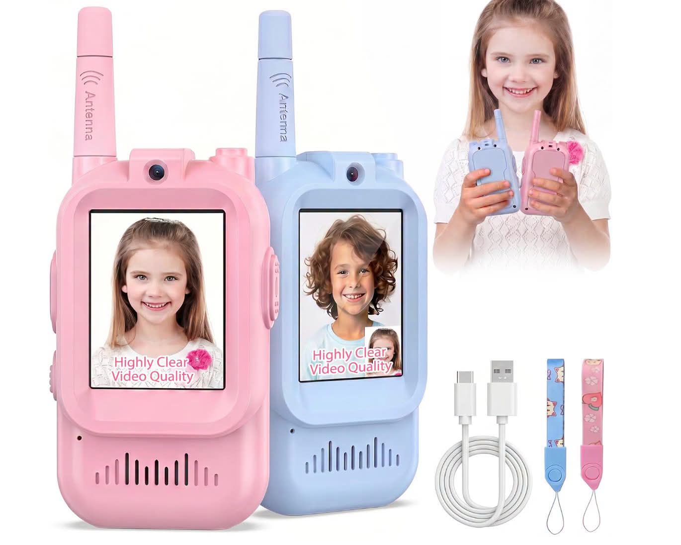 2-Pack Kids Walkie Talkies with Video Calling – Rechargeable Pink & Blue Two-Way Radios with Camera, Color Screen & Wrist Straps