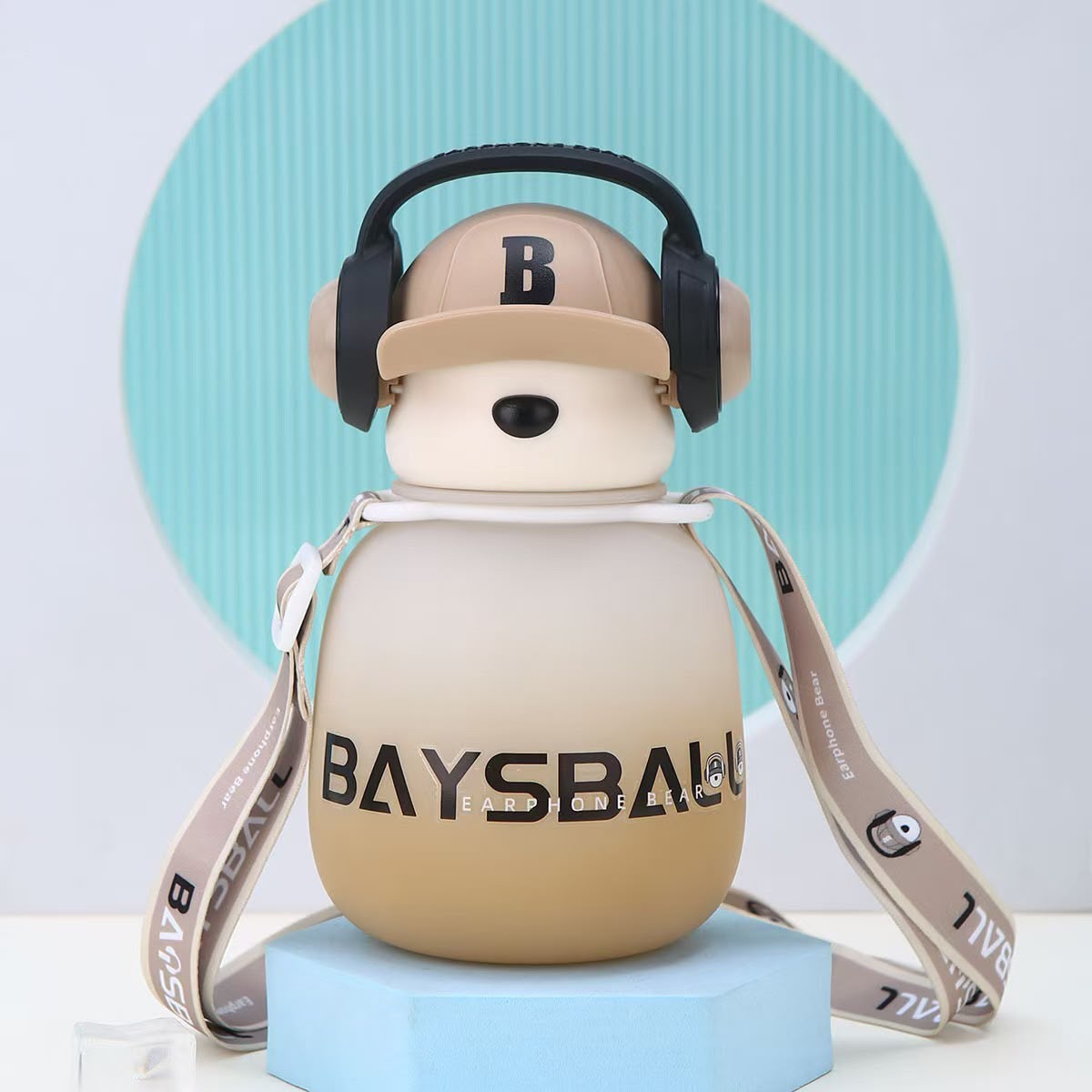 Cute Headphones Bear Water Bottle with Adjustable Shoulder Strap
