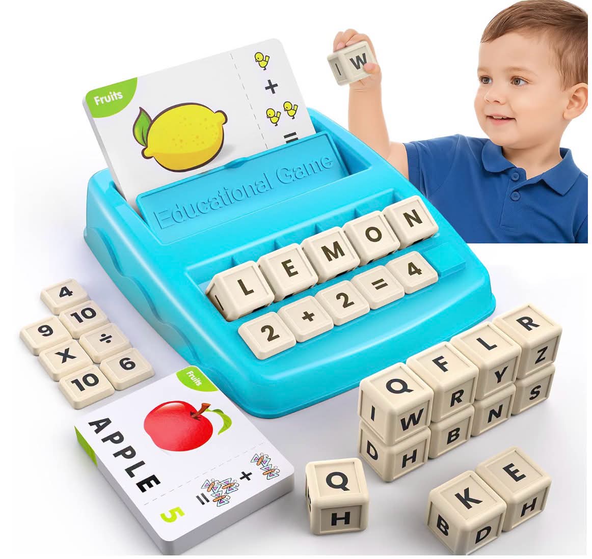 Kids Educational Spelling & Math Game – Interactive Learning Toy with Letter and Number Blocks, Flash Cards, Word Building, Counting, and Early Learning Activities