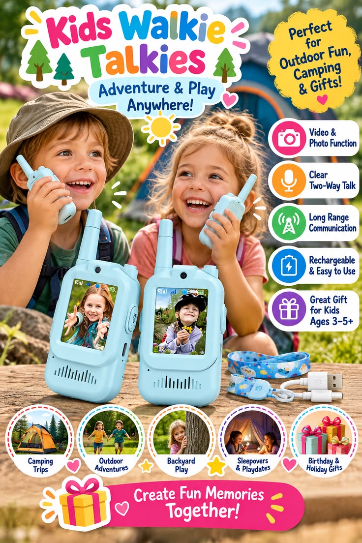 2-Pack Kids Walkie Talkies with Video Calling – Rechargeable Pink & Blue Two-Way Radios with Camera, Color Screen & Wrist Straps