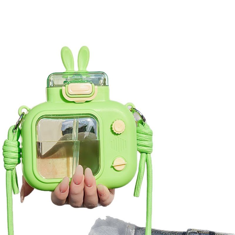 600ml Cute Camera-Shaped Water Bottle with Bunny Ears & Adjustable Shoulder Strap – Portable Leak-Proof Sippy Cup for Kids & Adults