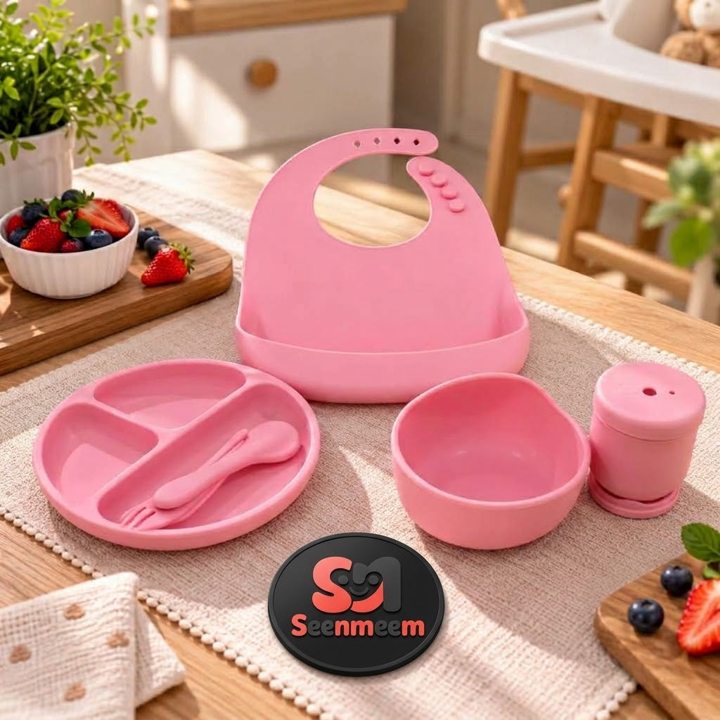Pink baby feeding set bib and cutlery