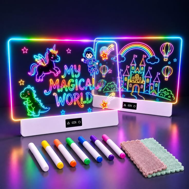 LED Glowing Acrylic Writing & Drawing Board with Colorful Liquid Chalk Pens for kids