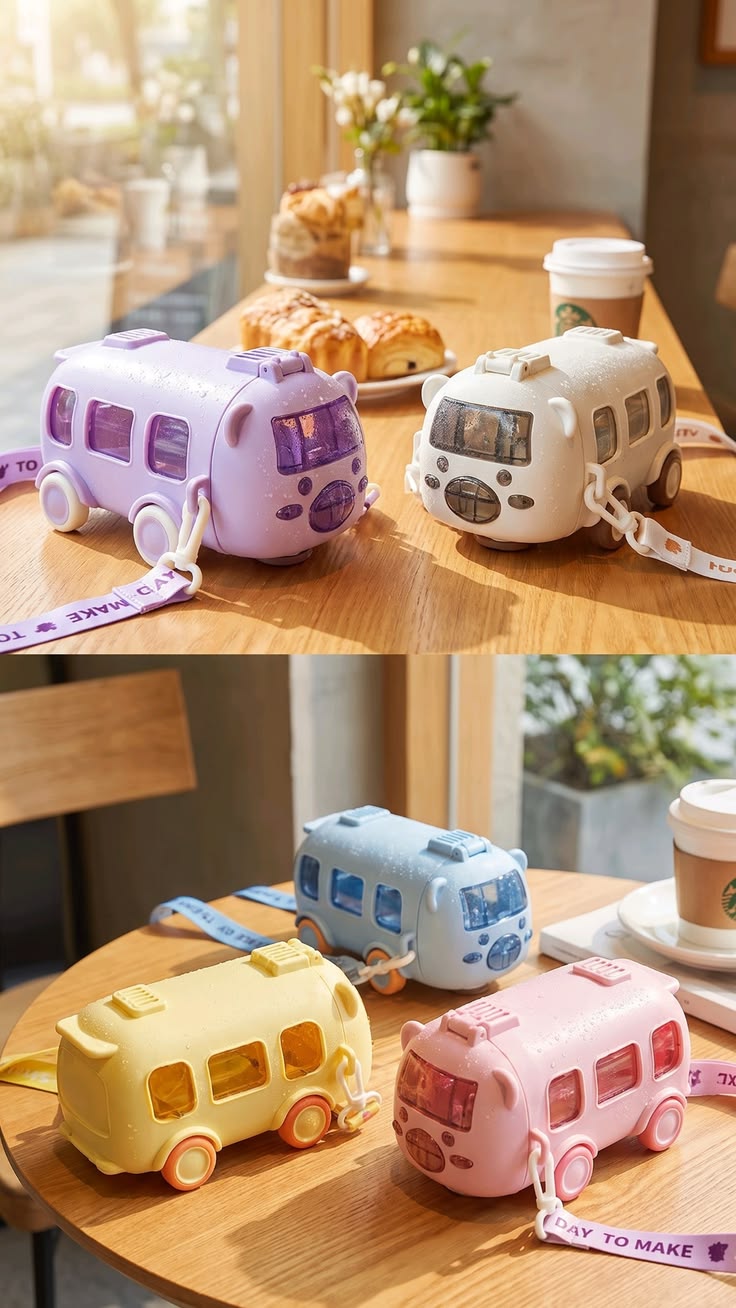 Cute Bus-Shaped Water Bottle with Shoulder Strap & Straw – Leak-Proof Kids' Sippy Cup