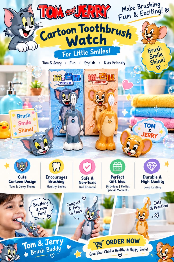 Cute Tom and Jerry Cartoon KidsToothbrush Set – Soft Bristle Oral Care Brush for Children