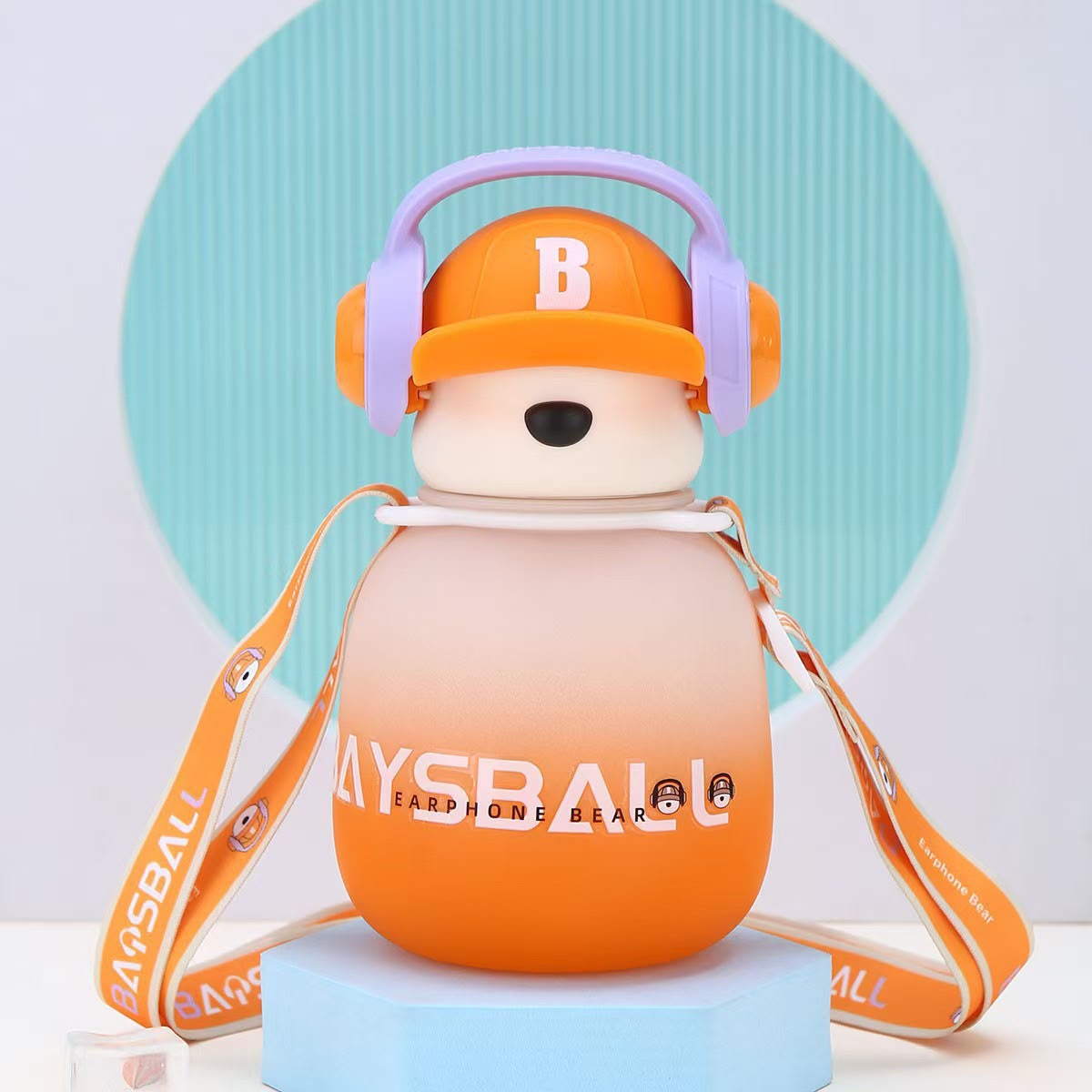 Cute Headphones Bear Water Bottle with Adjustable Shoulder Strap