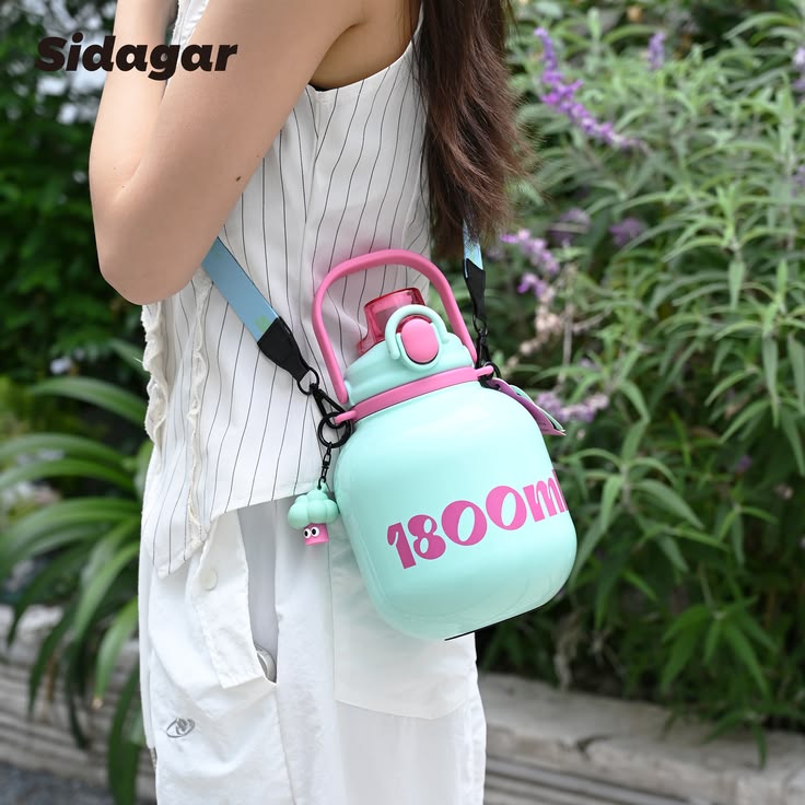 1800ml Cute Big Belly Stainless Steel Water Bottle with Straw – 316 Thermal Flask with Handle & Strap