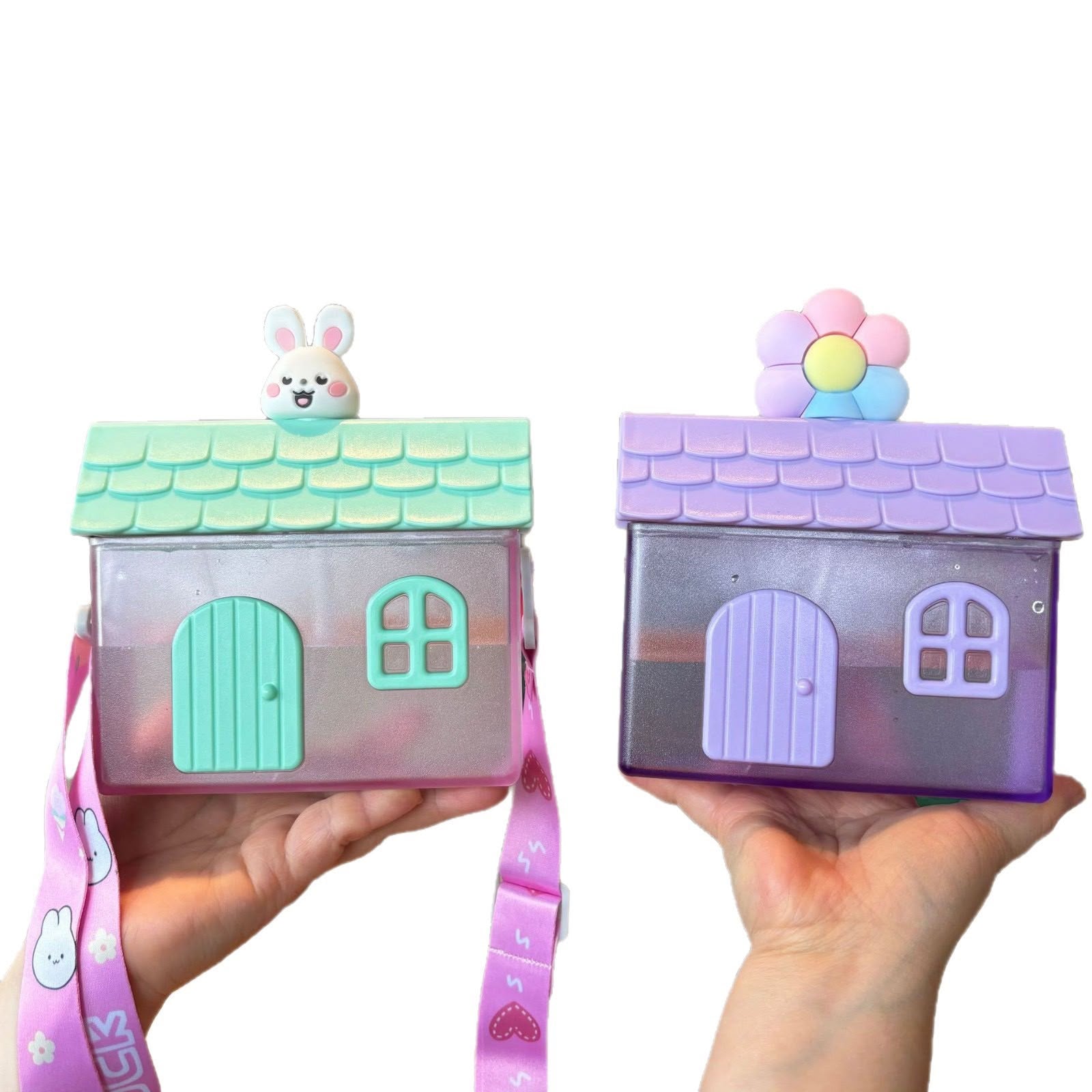 Cute Bunny & Flower Little House Water Bottle – Creative Kids Drinkware Outdoor Kettle