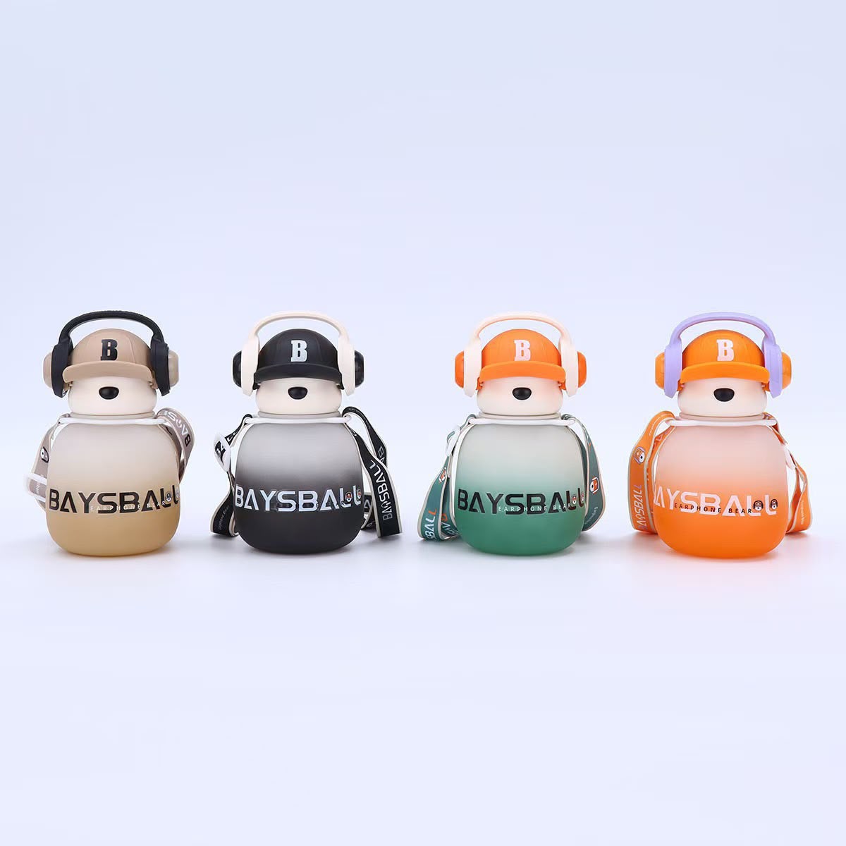 Cute Headphones Bear Water Bottle with Adjustable Shoulder Strap