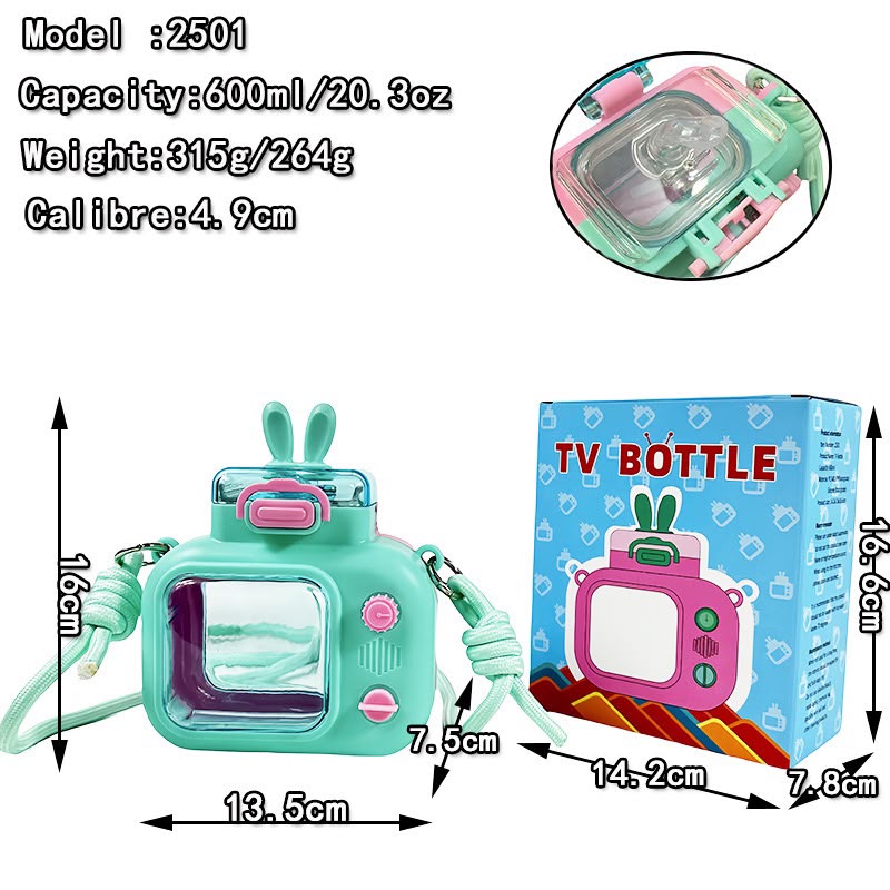 600ml Cute Camera-Shaped Water Bottle with Bunny Ears & Adjustable Shoulder Strap – Portable Leak-Proof Sippy Cup for Kids & Adults